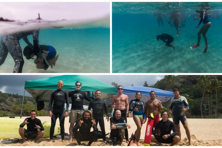 a group of people on a beach posing for the camera