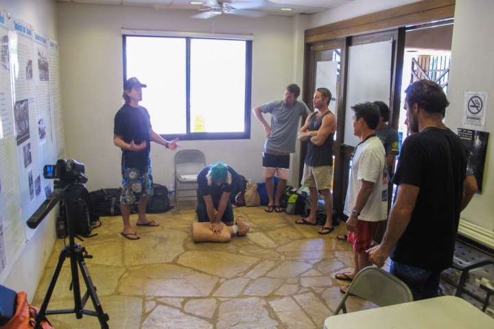 a group of people standing in a room